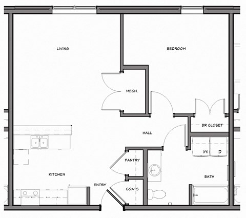 Floor plan for 1 bed, 1 bath, 758 sqft